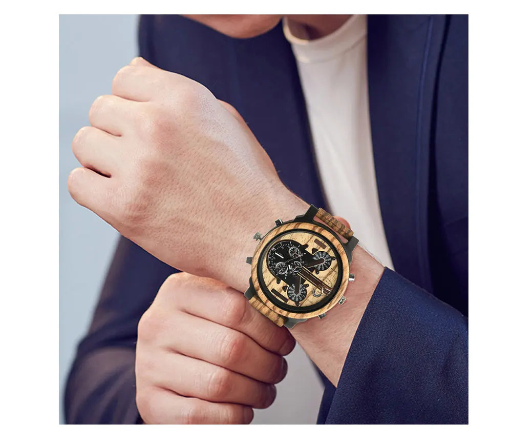 Chronographic Men’s Wooden Sports Watch - Luminous Hands With Large Face - Quartz Movement & Analog Time