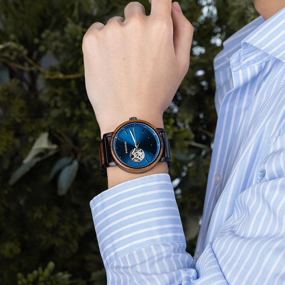 Men's Automatic Watch - Wood & Stainless Steel Combined - Mechanical Movement Self-Winding Wristwatch