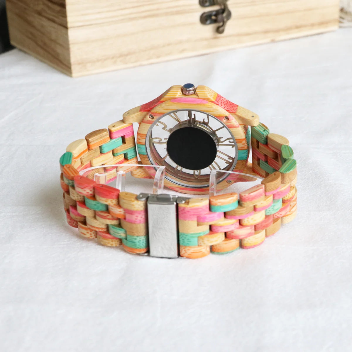 Colorful Unisex Wooden Wristwatch For Men or Women - Quartz Movement And Hollowed Out Classic Analog Face With Traditional Numbers