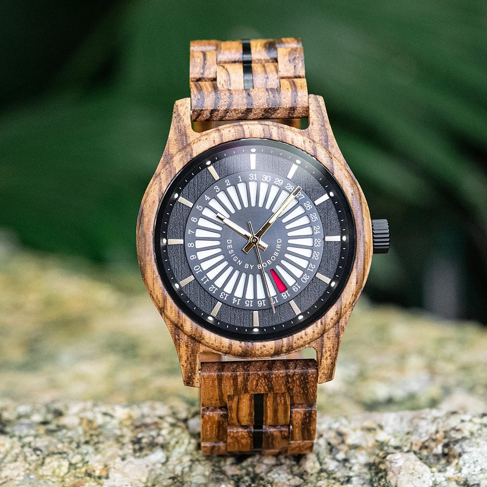Unique Men's Wooden Watch Design - Chronographic Date Display On Face Wristwatch for Men