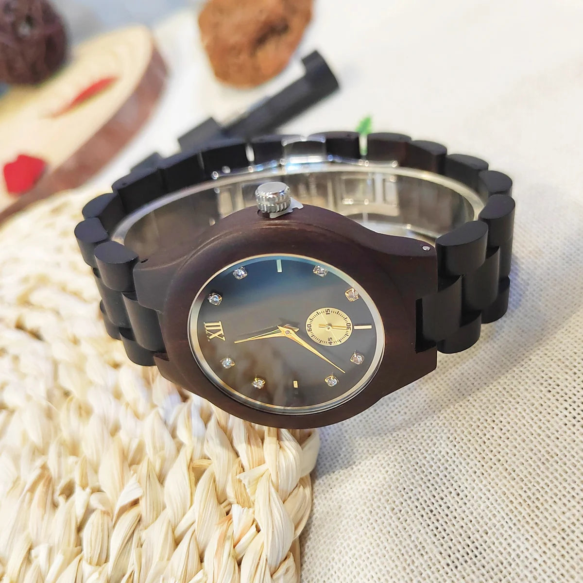 Women's Fashionable Wooden Wrist Watch With Simulated Diamond Dial - Quartz Movement & Analog Face