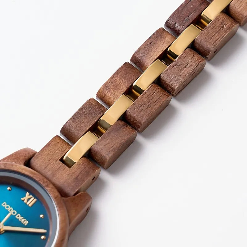 Women’s Wooden Fashion Watch - Blue Analog Face With Roman Numerals And Gold Tone