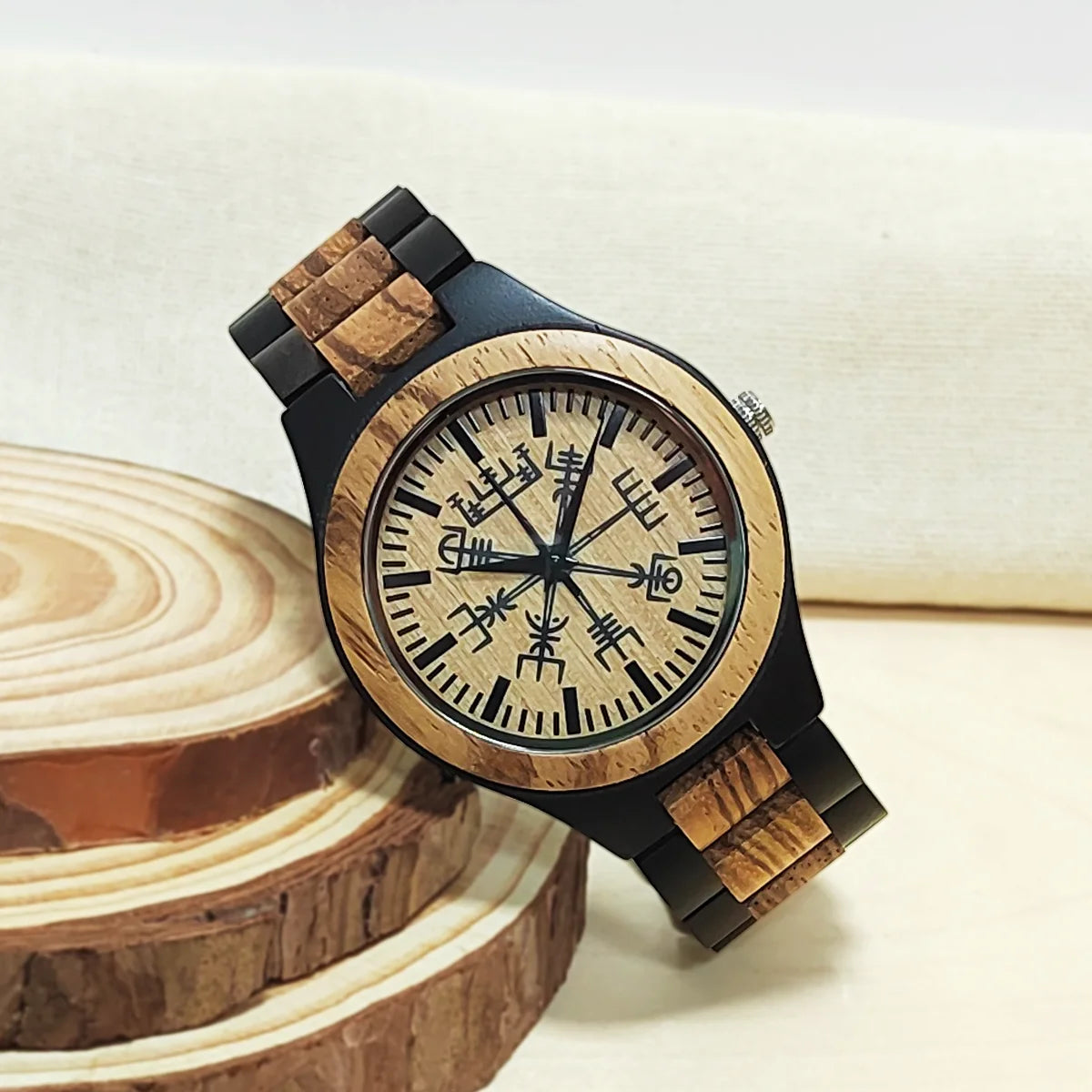 Men’s Analog Wooden Watch With Viking Symbol Face - Classic Quartz Movement