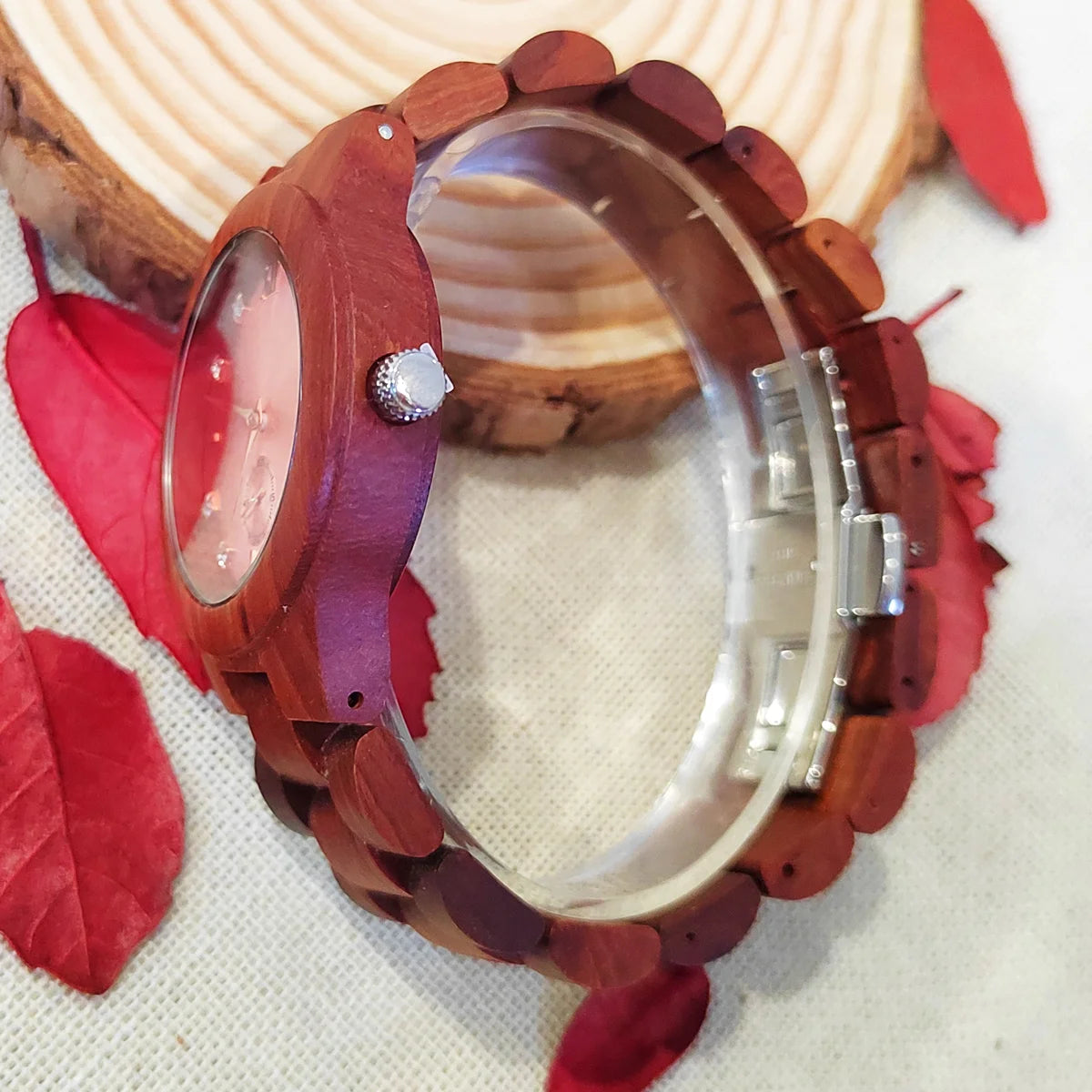 Women's Fashionable Wooden Wrist Watch With Simulated Diamond Dial - Quartz Movement & Analog Face