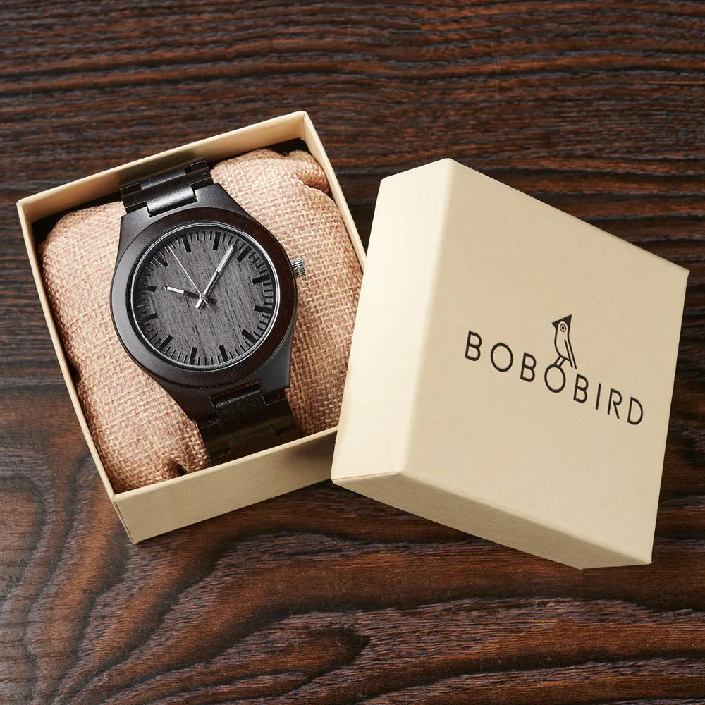 Men's Wooden Watch for Casual Dress - Wrist Watch with Ebony Wood and Analog Face
