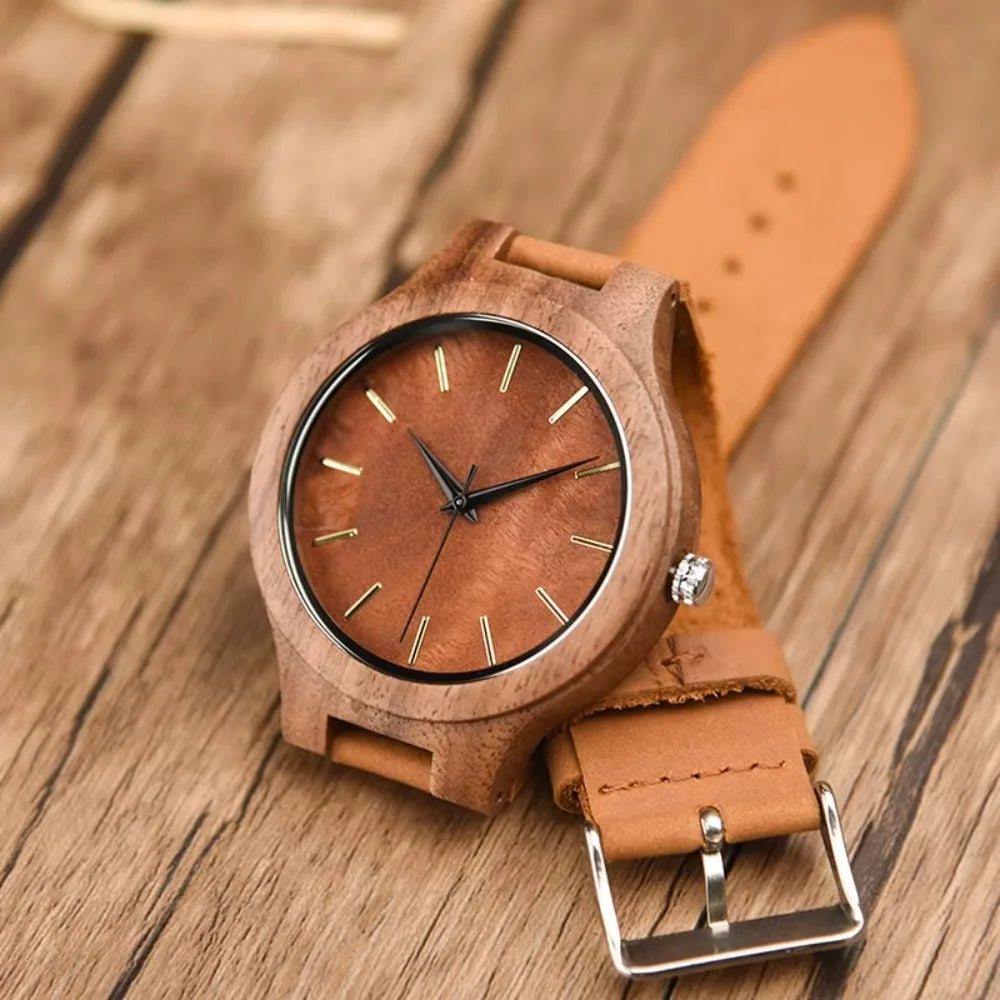 Wooden Unisex Wrist Watches - Classic Analog Quartz Movement With Tan Leather Band