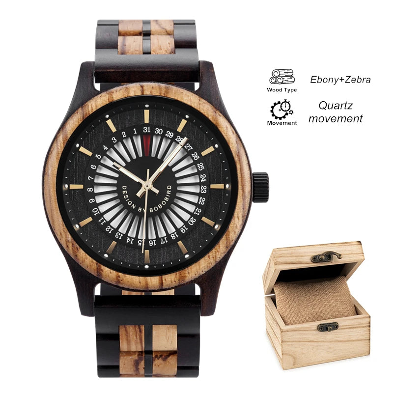 Unique Men's Wooden Watch Design - Chronographic Date Display On Face Wristwatch for Men