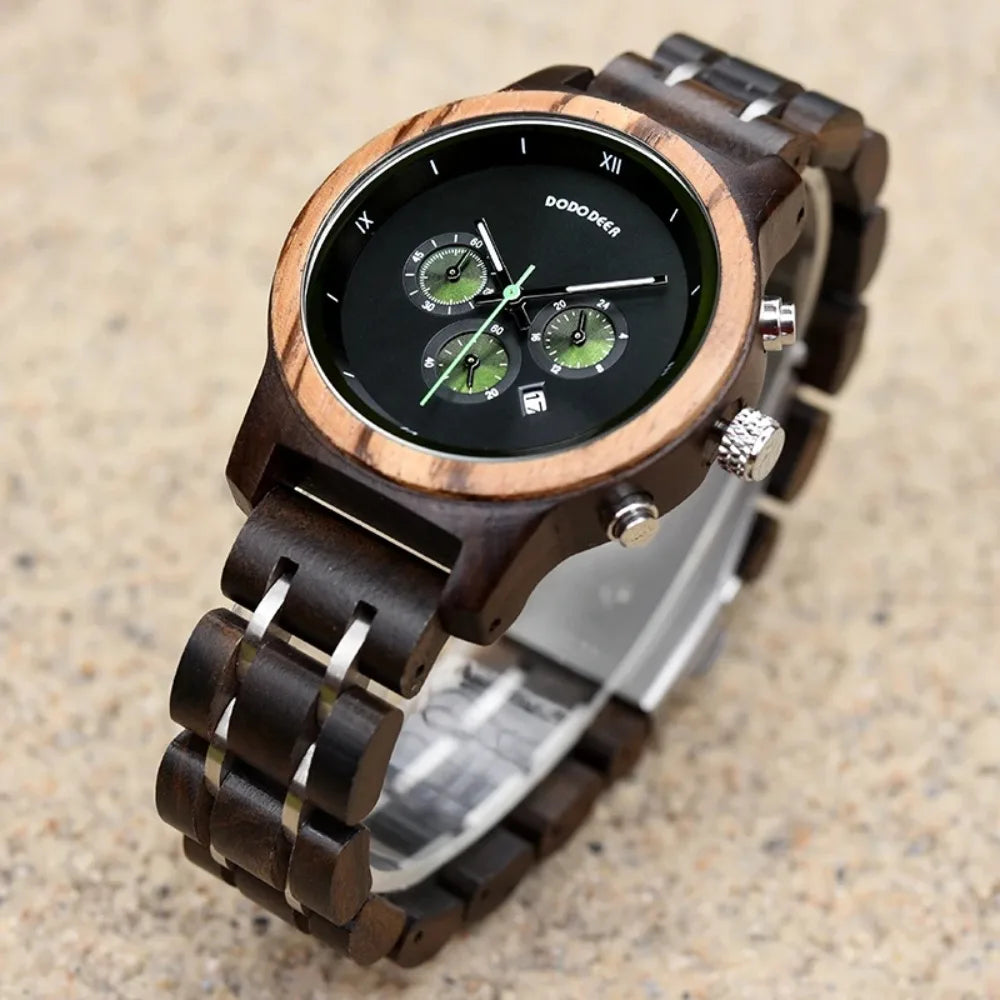Women’s Luxury Wooden Watch with Chronograph Date and Quartz Movement