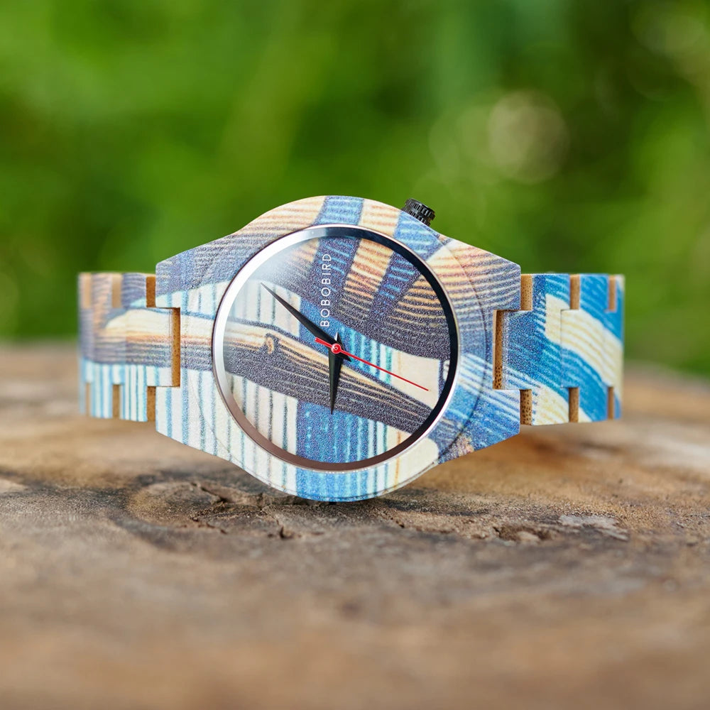 Men's Bamboo Wooden Watch with Pattern - Quartz Movement Pattern Printed Colorful Wristwatch
