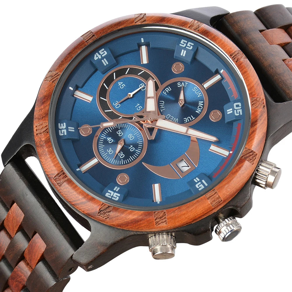 Men’s Sports Fashion Wooden Watch - Chronographic Analog Face With Luminous Hands