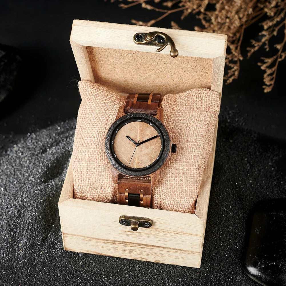 Men's Unique Leaf Dial Design Wooden Wristwatch - Quartz Movement - Analog Display