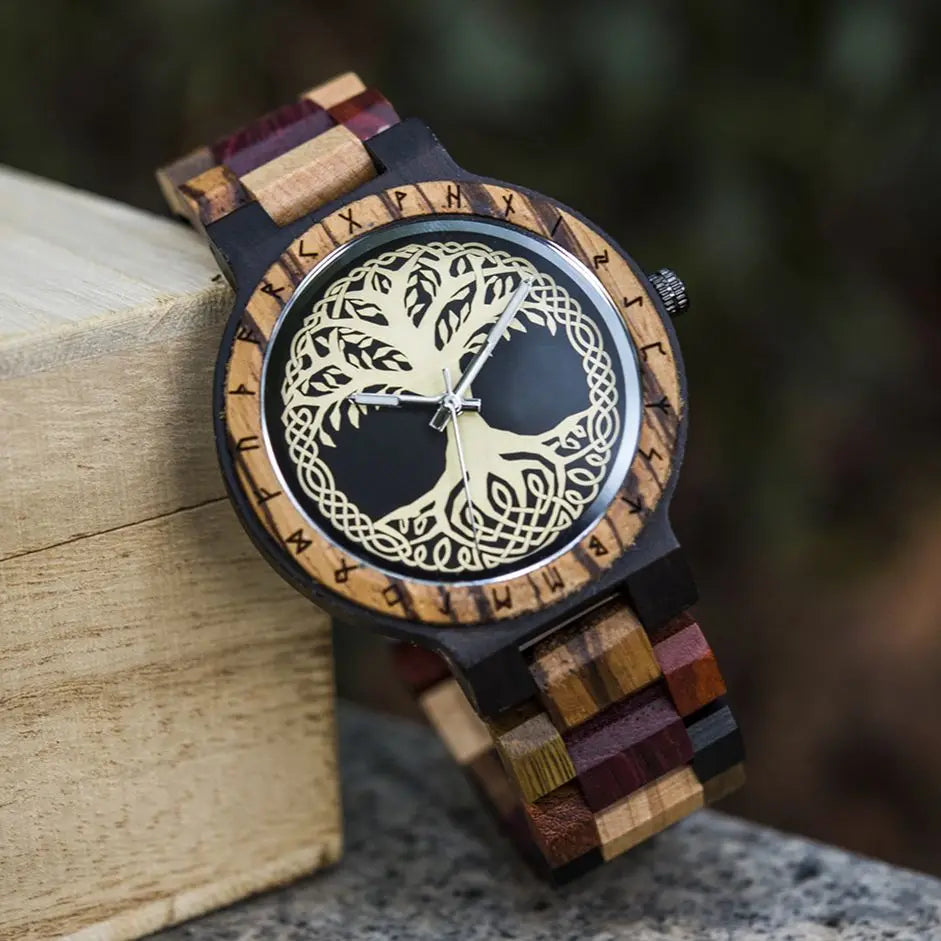 Men's Handmade Wooden Wristwatch - Viking Style Carved Round Face - Quartz Movement