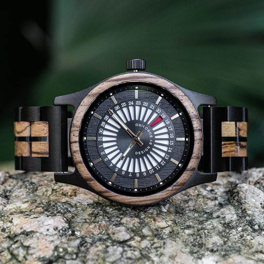 Unique Men's Wooden Watch Design - Chronographic Date Display On Face Wristwatch for Men