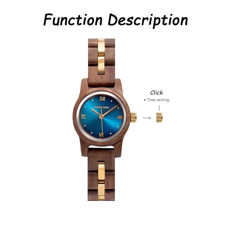 Women’s Wooden Fashion Watch - Blue Analog Face With Roman Numerals And Gold Tone
