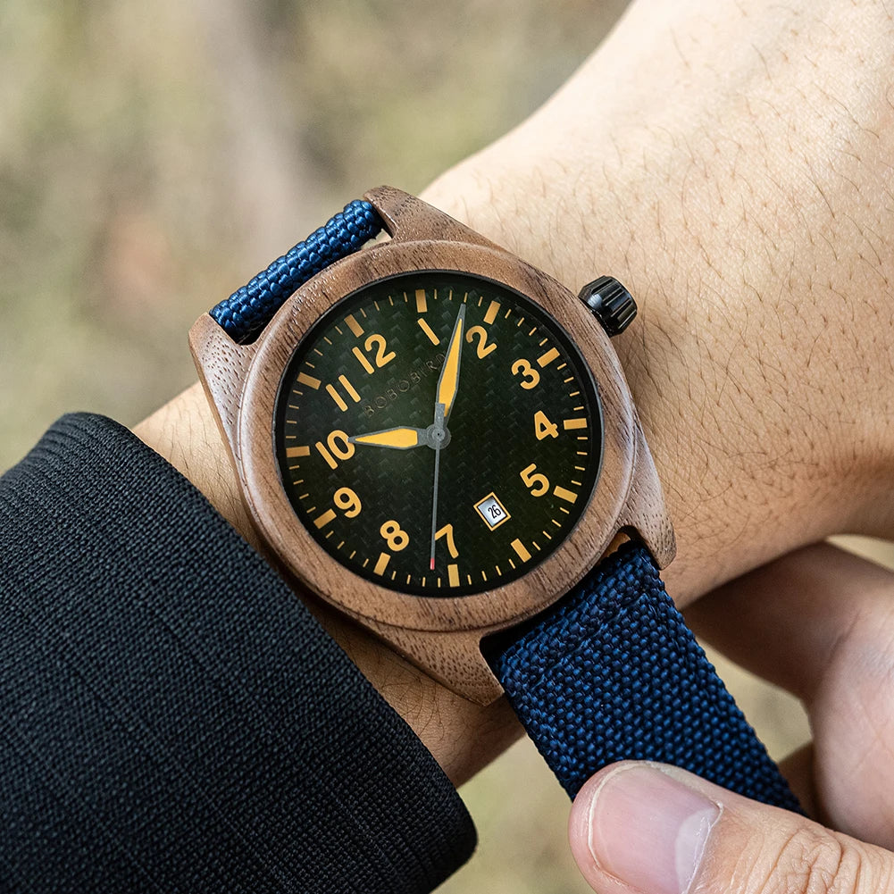 Vintage Mens Wooden Watch - Nylon Strap Casual Wristwatch for Men