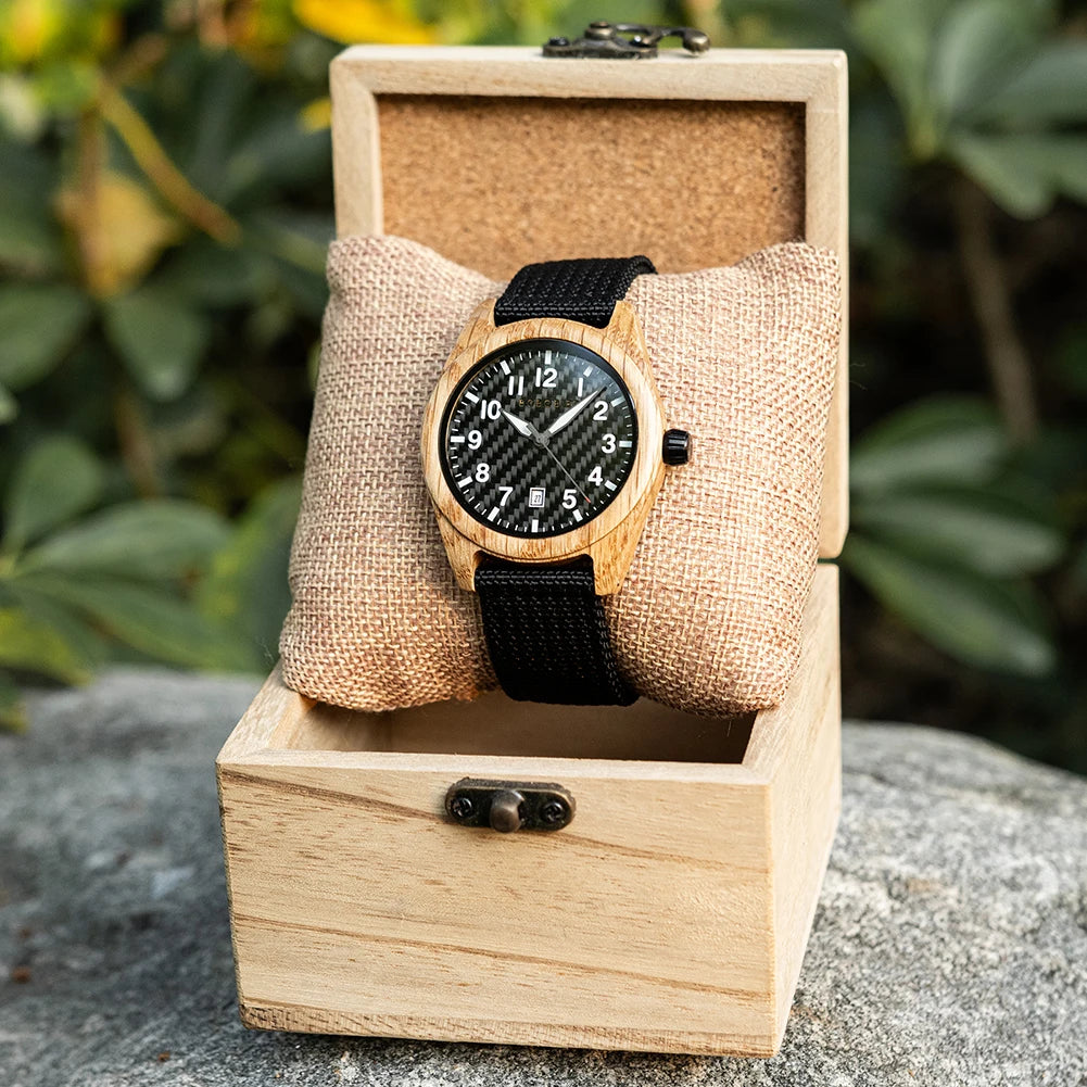 Men's Wooden Watch with Nylon Strap - Casual Wristwatch for Men - Quartz Movement & Analog Display