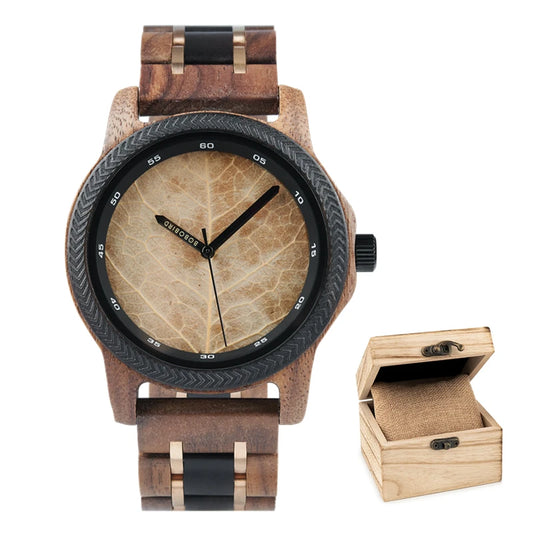 Men's Unique Leaf Dial Design Wooden Wristwatch - Quartz Movement - Analog Display