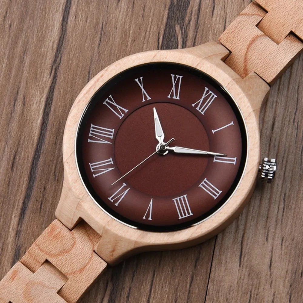 Women's Wooden Fashion Watch - Classic Retro Analog Display With Tound Face And Quartz Movement