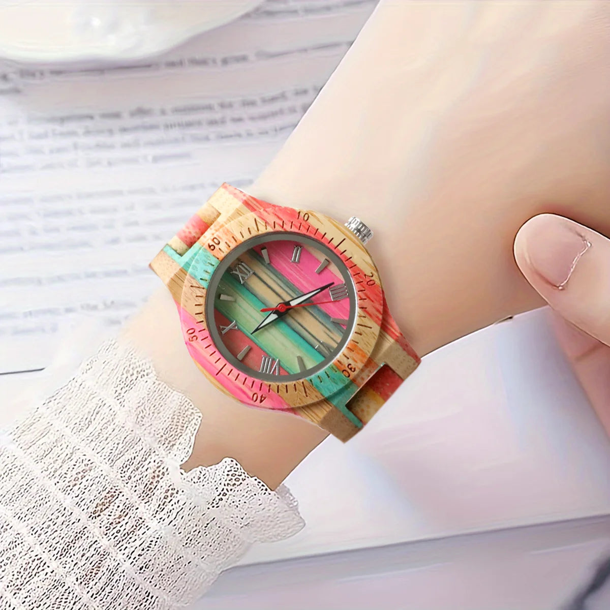 Women's Multicolor Natural Bamboo Wooden Watch - Classic Quartz Movement Analog Wristwatch for Ladies
