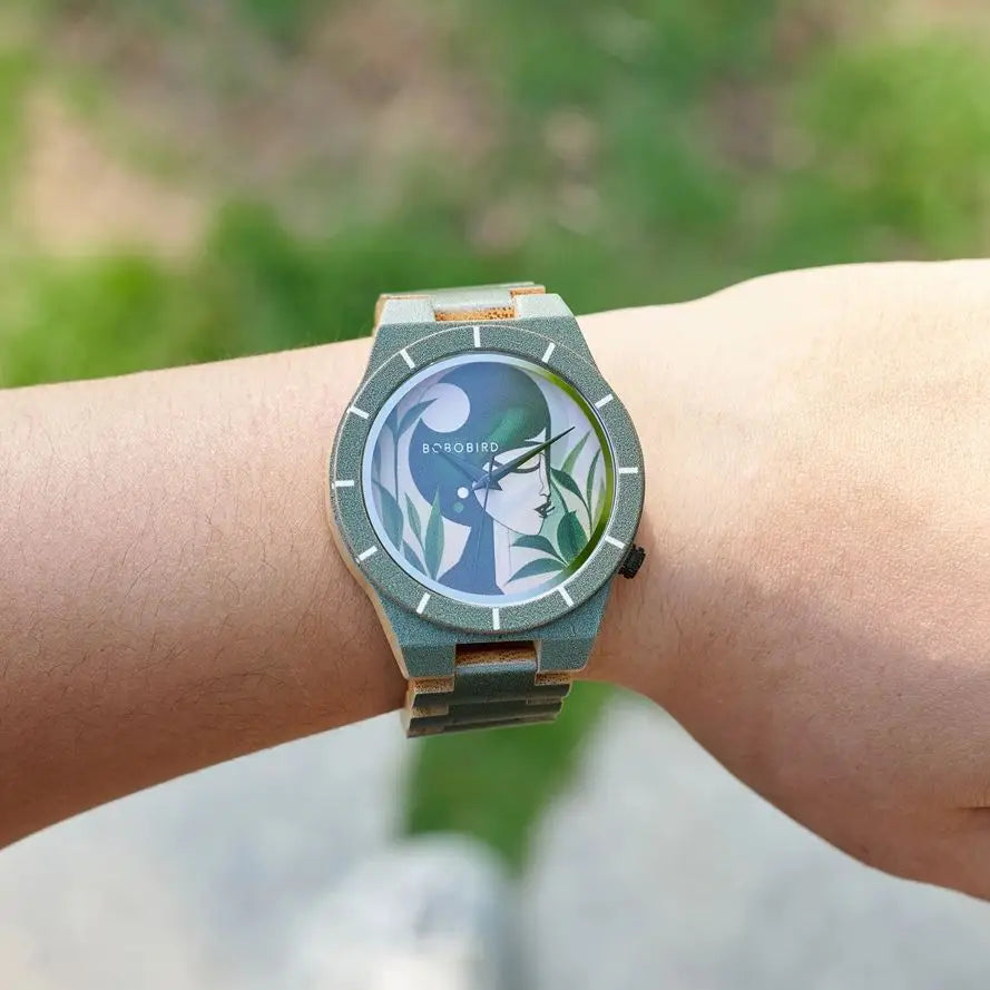 Men's Bamboo Wooden Watch with Pattern - Quartz Movement Pattern Printed Colorful Wristwatch