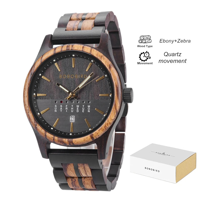 Men's Wooden Wooden Wristwatch - Quartz Movement with Week & Date Display Calendar