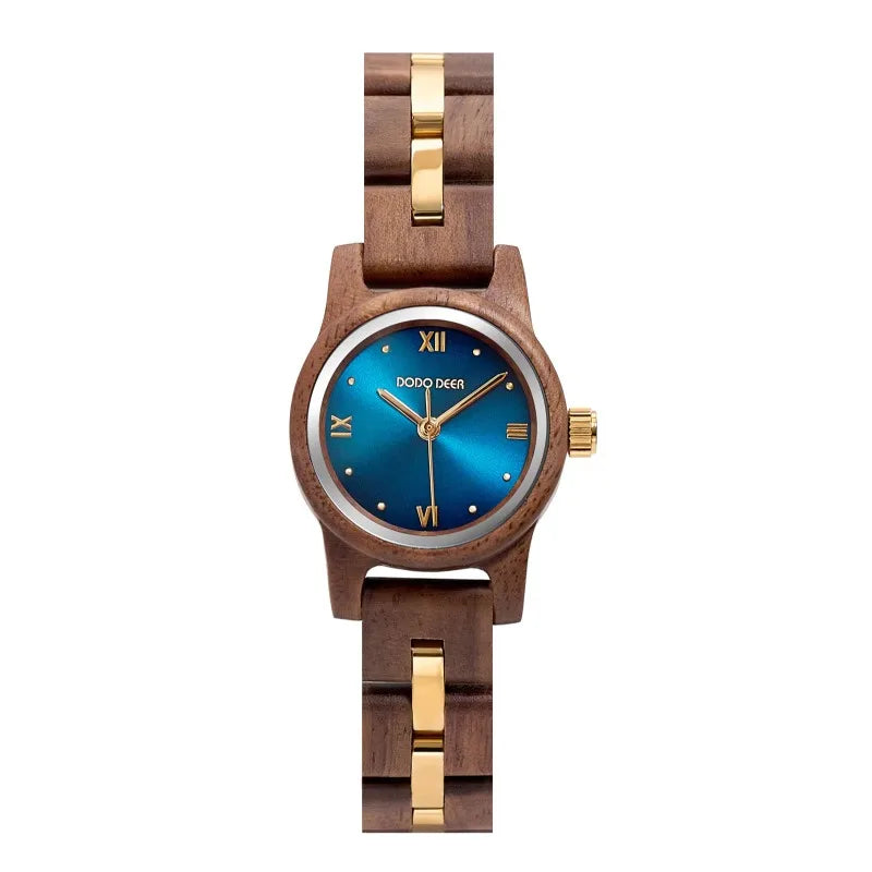 Women’s Wooden Fashion Watch - Blue Analog Face With Roman Numerals And Gold Tone