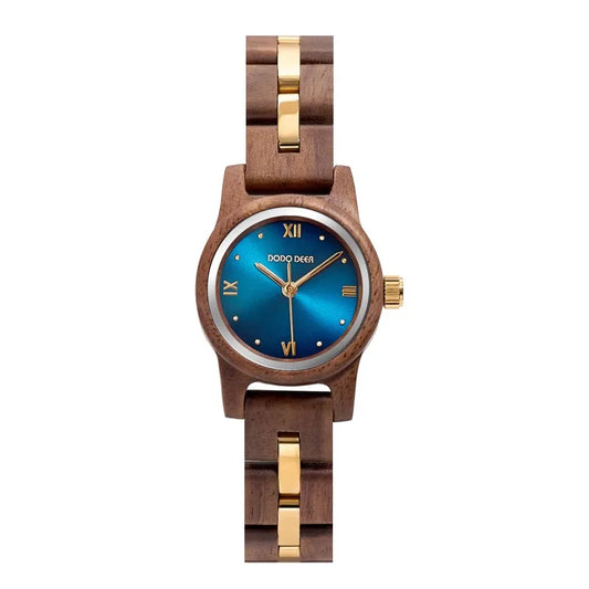 Women’s Wooden Fashion Watch - Blue Analog Face With Roman Numerals And Gold Tone