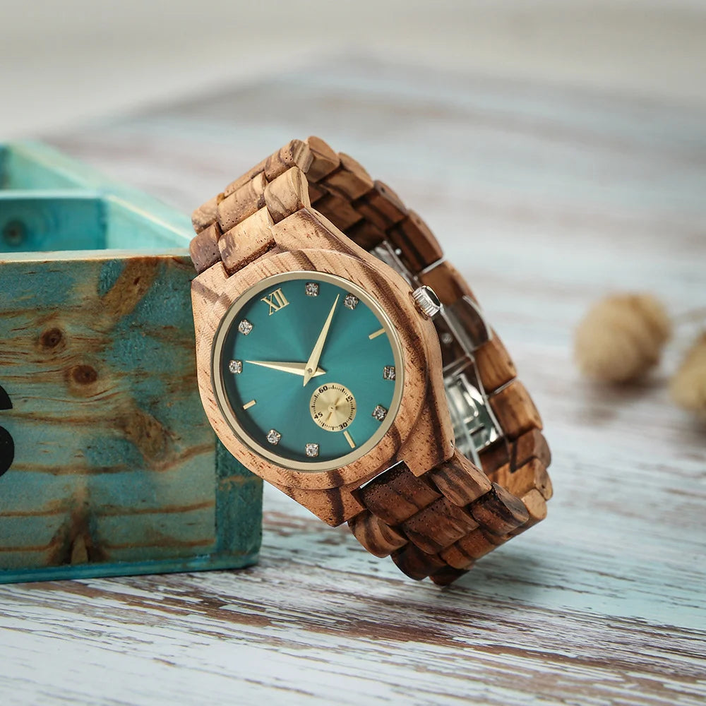 Women’s Wooden Watch With Decorative Rhinestones - Natural Wood Dial And Bracelet Wristwatch For Ladies