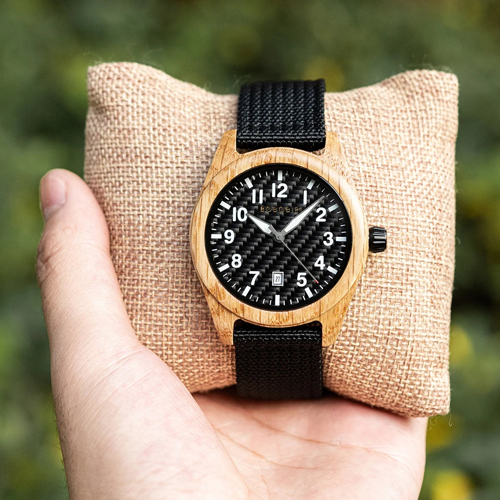 Vintage Mens Wooden Watch - Nylon Strap Casual Wristwatch for Men