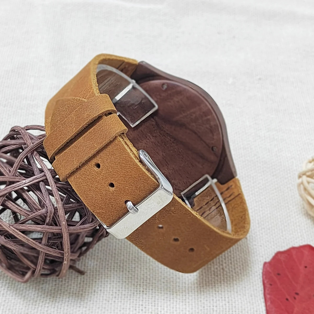 Unisex Classic Analog Face Wooden Wristwatch For Men or Women - Quartz Movement With Leather Strap