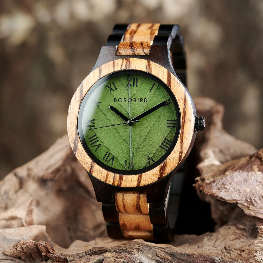 Wooden Mens Watch with Leaf Dial Design - Quartz Movement and Round Face - Casual Dress Wristwatch for Men