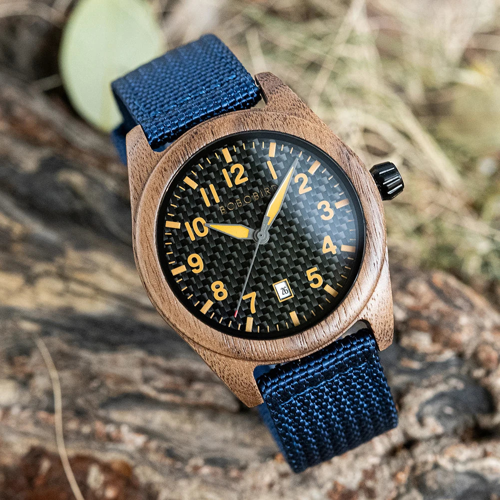 Vintage Mens Wooden Watch - Nylon Strap Casual Wristwatch for Men