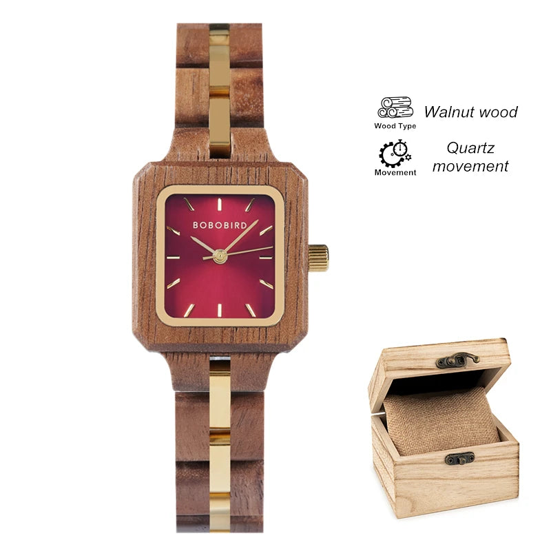 Fashion Women's Watch Wooden Links Square Face Wrist Watch for Ladies Special Gift
