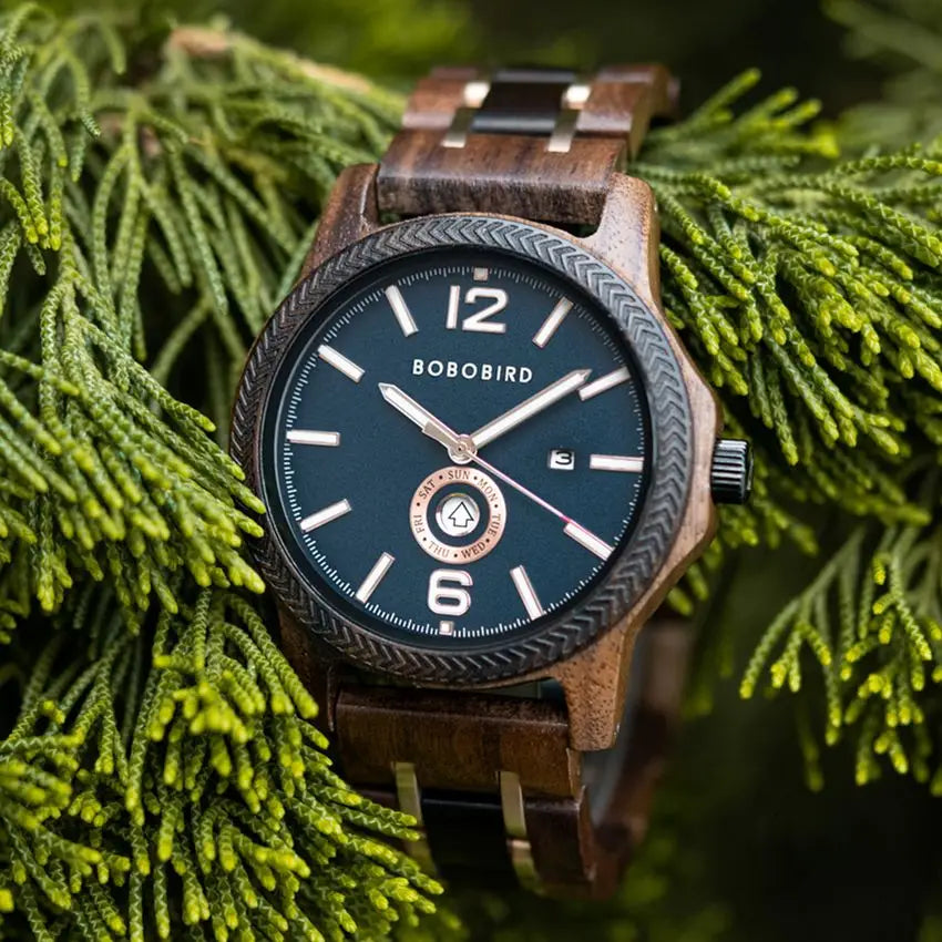 Mens Wooden Watch - Analog Watch for Men With Gift Box - Round Face Quartz Movement