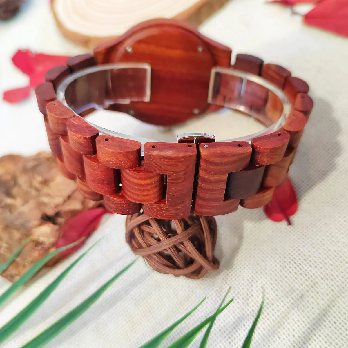 Women's Fashionable Wooden Wrist Watch With Simulated Diamond Dial - Quartz Movement & Analog Face