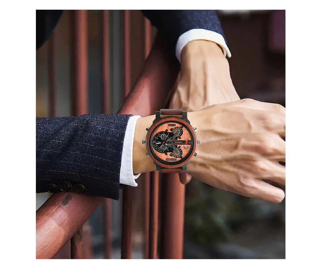 Chronographic Men’s Wooden Sports Watch - Luminous Hands With Large Face - Quartz Movement & Analog Time