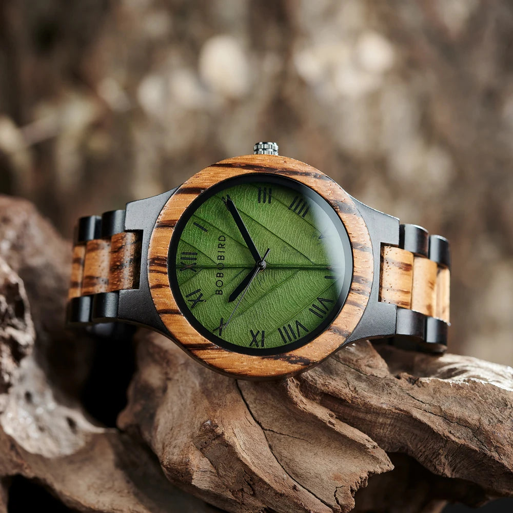 Unisex Wooden Watch With Leaf Dial Design - Classic Analog Quartz Movement Casual Dress Wristwatch for Men & Women