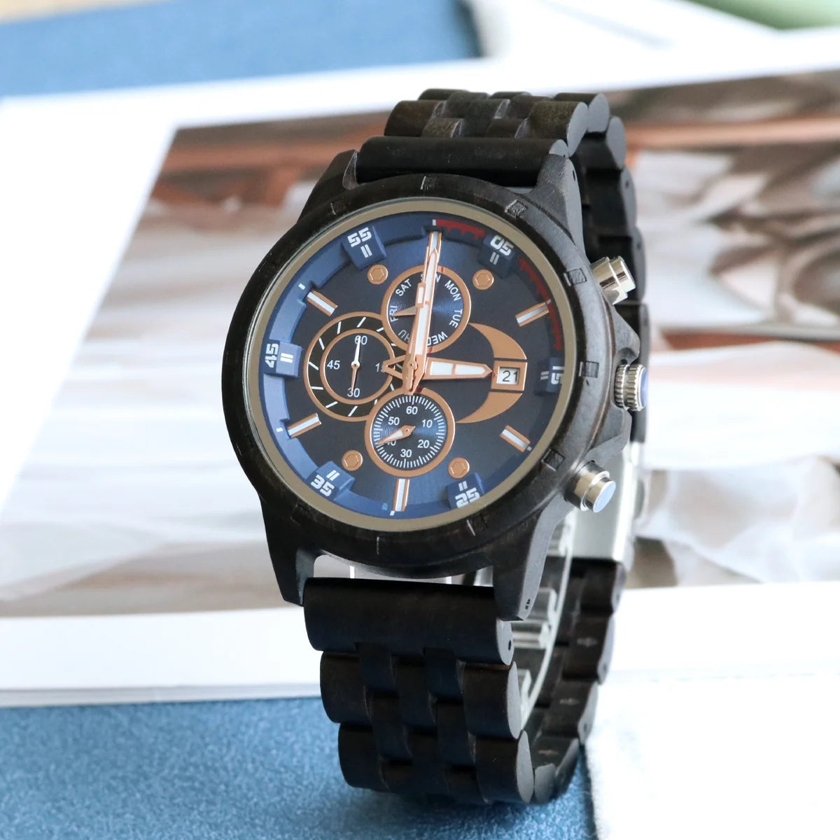 Men’s Sports Wooden Wrist Watch - Multifunction Analog Face & Quartz Movement