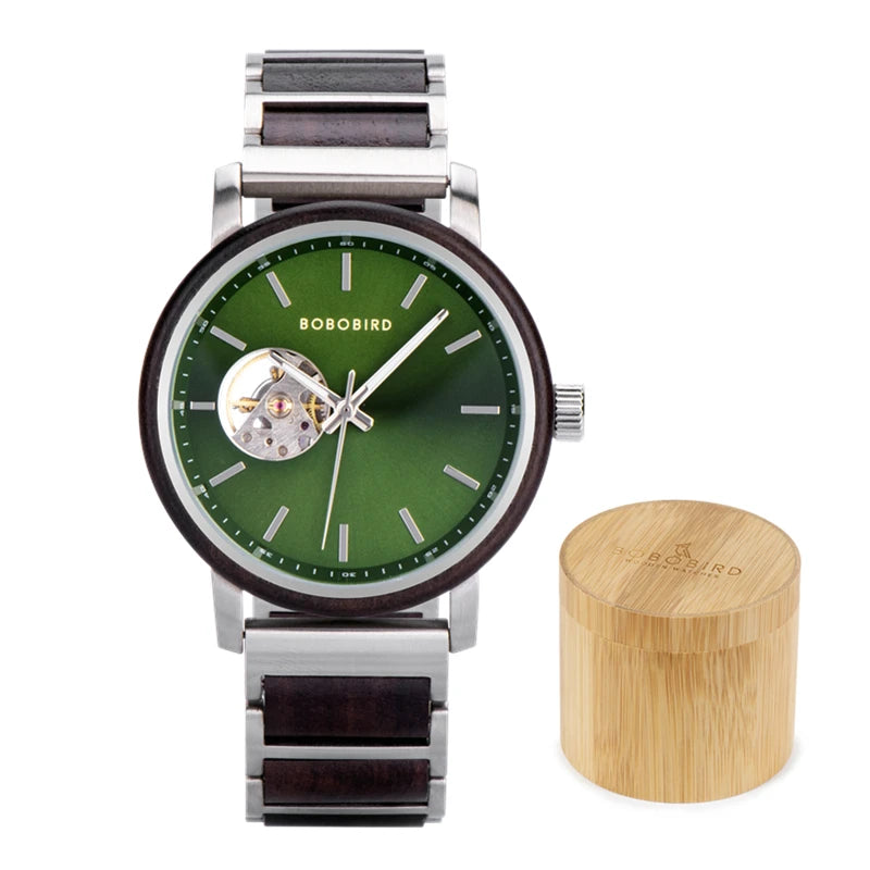 Men's Automatic Watch - Wood & Stainless Steel Combined - Mechanical Movement Self-Winding Wristwatch