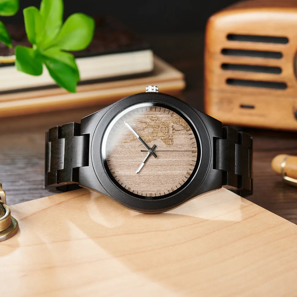 Men's Wooden Watch for Casual Dress - Wrist Watch with Ebony Wood and Analog Face