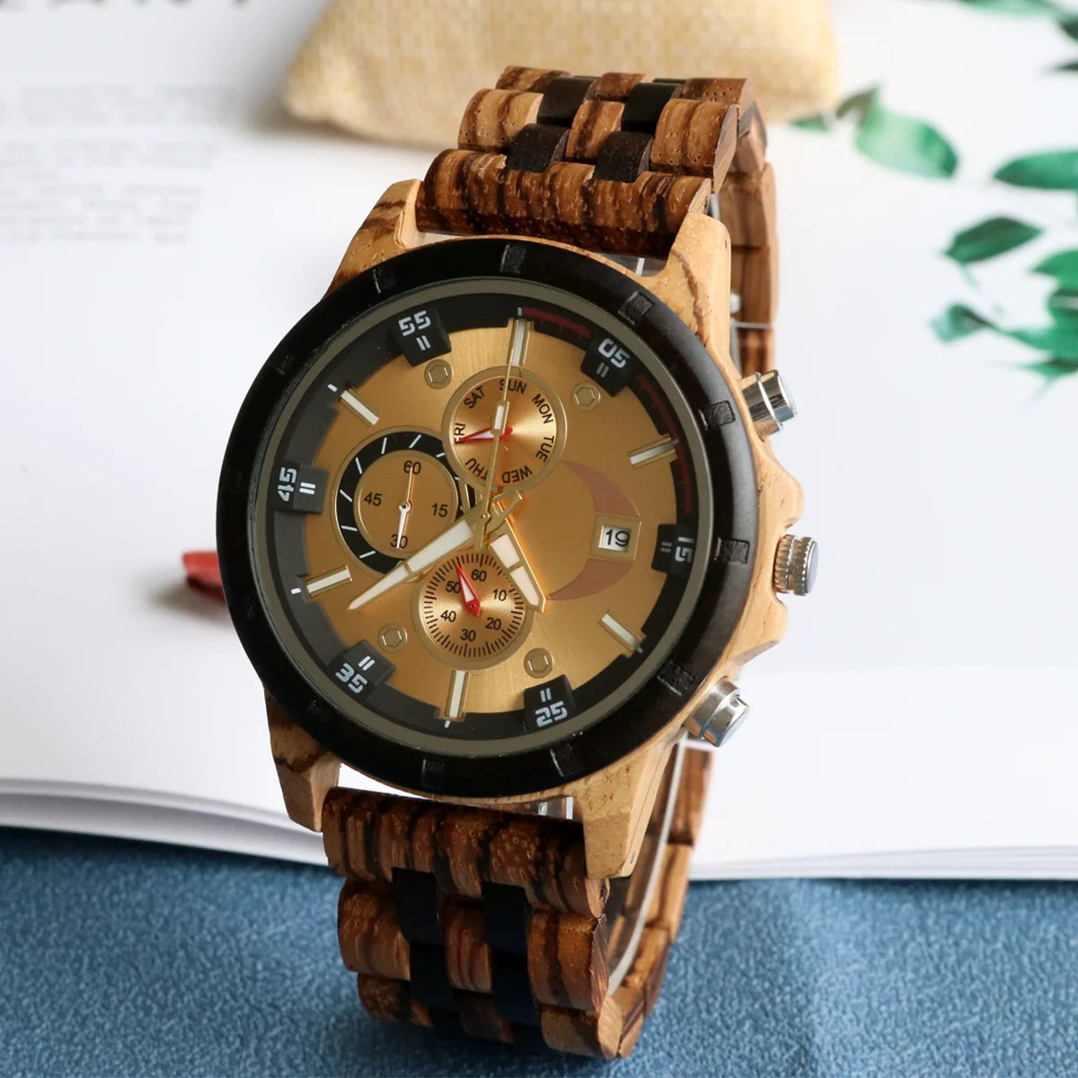 Men’s Sports Wooden Wrist Watch - Multifunction Analog Face & Quartz Movement