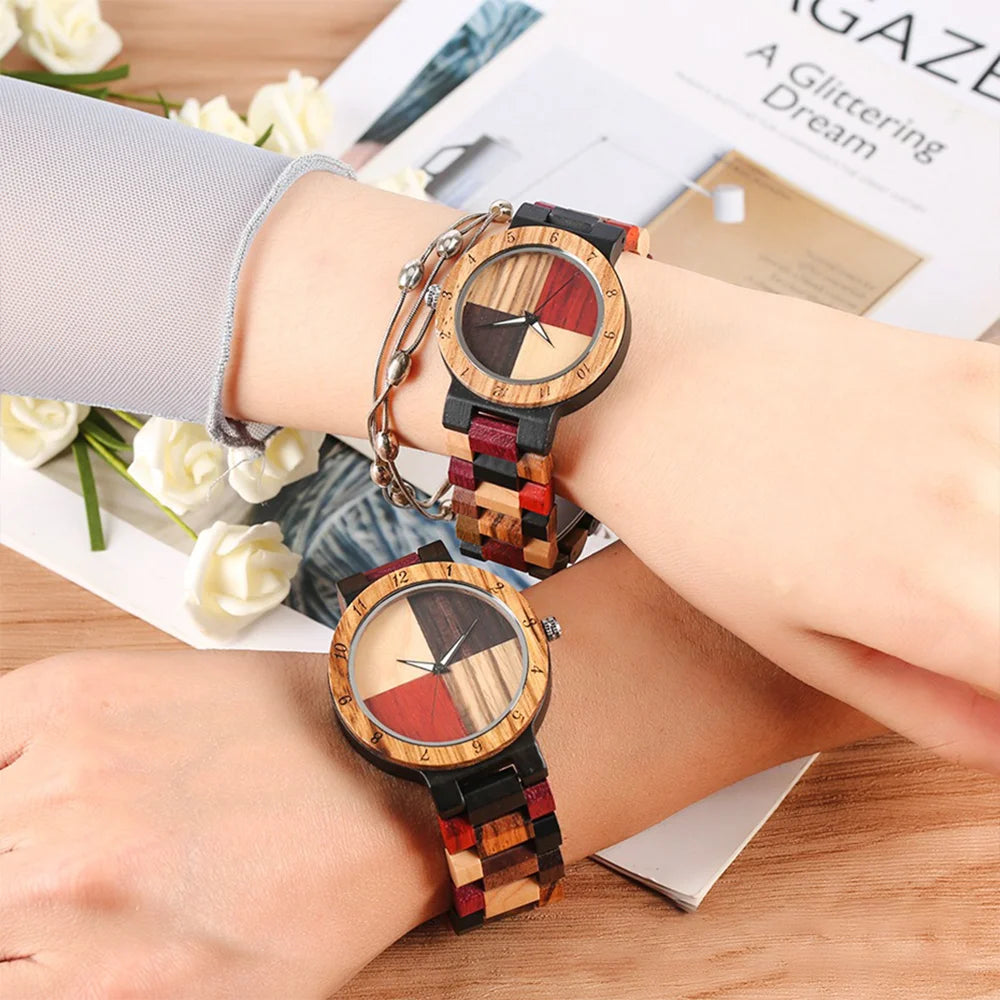 Wooden Sweetheart Couple His & Hers Watches - Quartz Movement Analog Display With Mixed Color Dials - Matching Wristwatches For Him/Him, Her/Her, Him/Her, Lovers