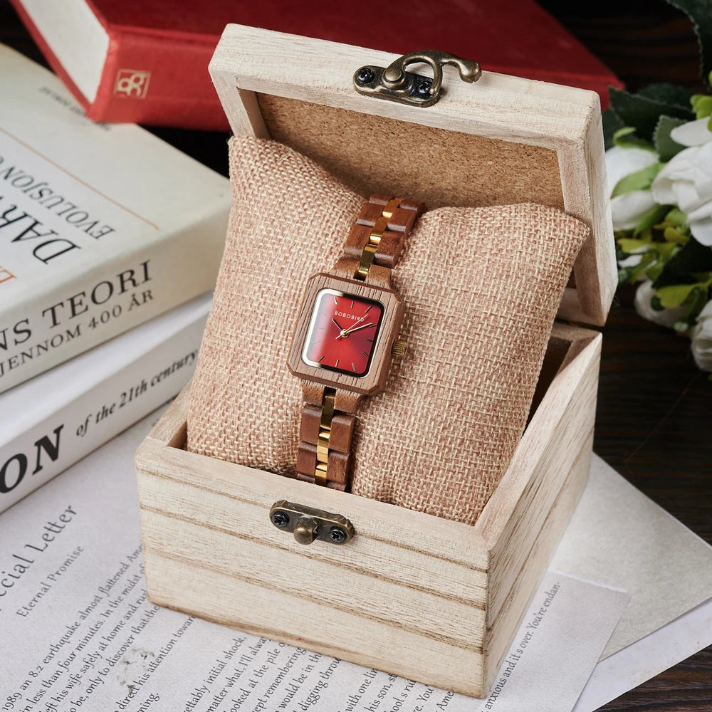 Fashion Women's Watch Wooden Links Square Face Wrist Watch for Ladies Special Gift