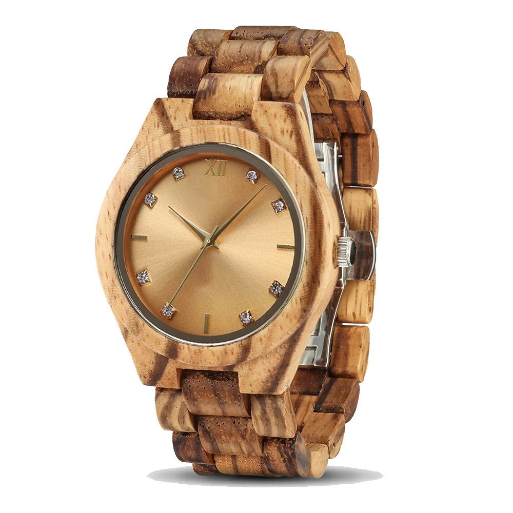 Women’s Wooden Watch With Decorative Rhinestones - Natural Wood Dial And Bracelet Wristwatch For Ladies