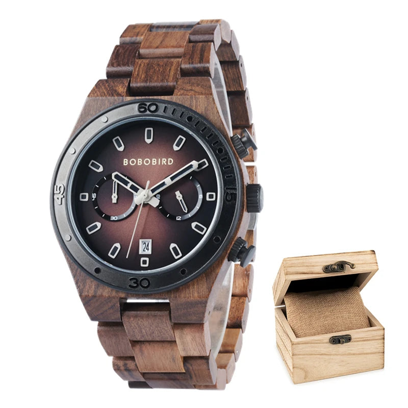 Luxury Men's Wooden Watch With Chronographic Date Display