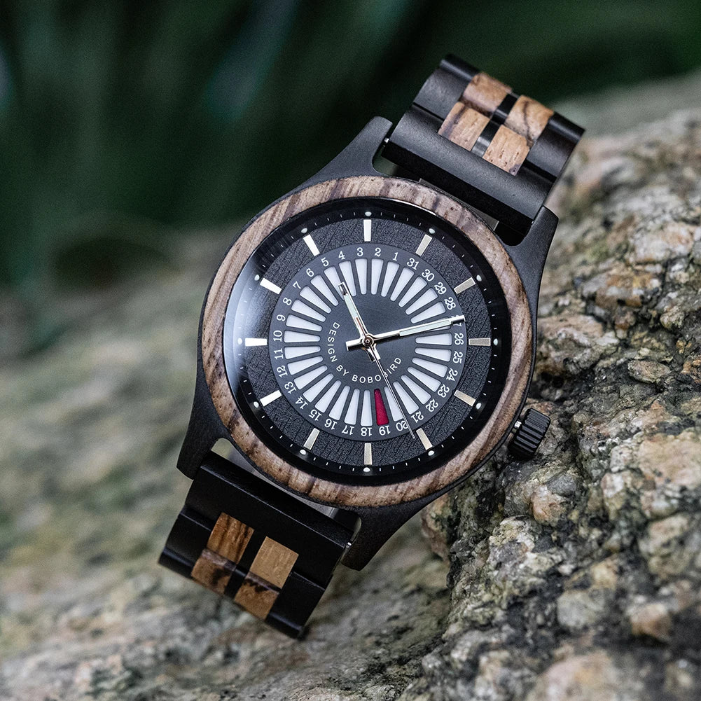Unique Men's Wooden Watch Design - Chronographic Date Display On Face Wristwatch for Men