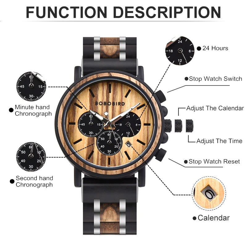 Men's Wooden Wristwatch With Auto Date Chronographic Face