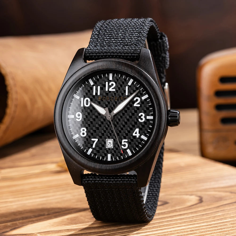 Men's Wooden Watch with Nylon Strap - Casual Wristwatch for Men - Quartz Movement & Analog Display