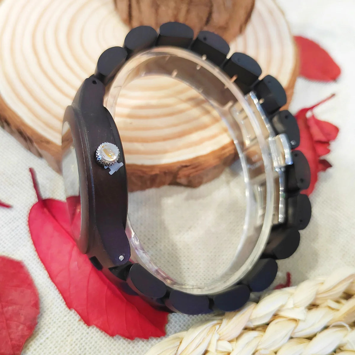 Women's Fashionable Wooden Wrist Watch With Simulated Diamond Dial - Quartz Movement & Analog Face