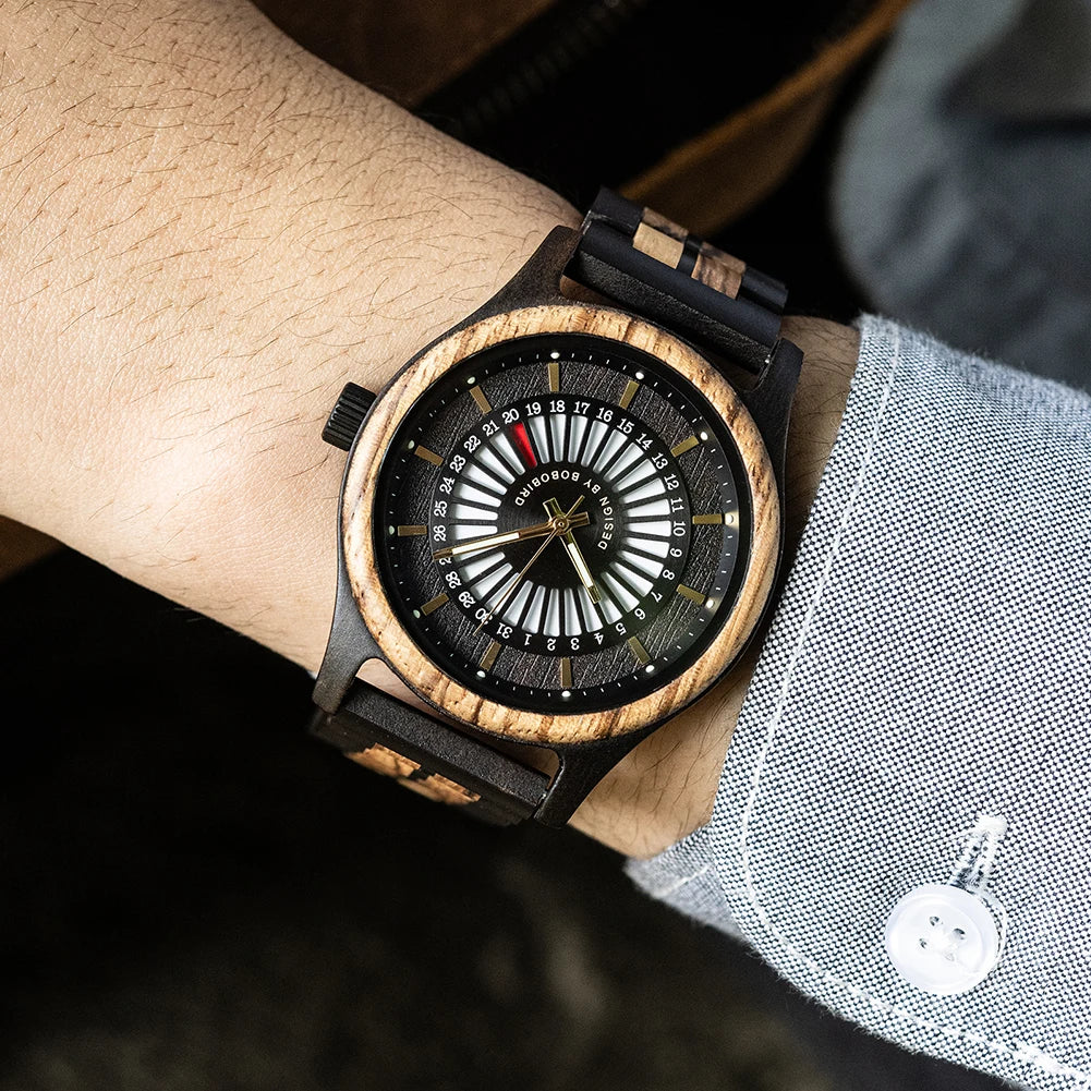 Unique Men's Wooden Watch Design - Chronographic Date Display On Face Wristwatch for Men